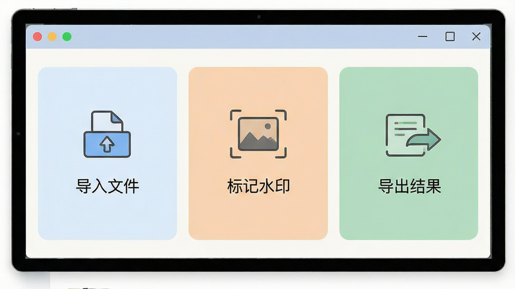 一张展示去水印软件操作界面的示意图,画面中软件界面分为三个步骤区域,分别标注“导入文件”“标记水印”“导出结果”,每个步骤配有简单的图标和文字说明,界面风格扁平化,颜色柔和,画质清晰,干净整洁