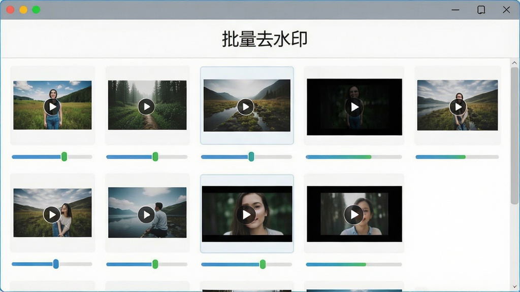 一张展示去水印软件批量处理功能的界面图,画面中软件窗口内排列着多个图片和视频缩略图,每个缩略图下方有进度条显示处理状态,顶部有“批量去水印”文字标识,整体布局整齐,风格清爽,画质清晰,无多余元素