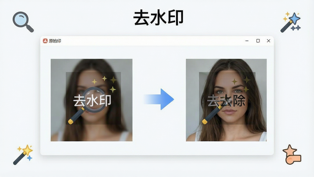 一张展示去水印软件核心功能的整体效果图,画面中央是软件主界面,左侧显示原始带水印的图片,右侧显示去除水印后的干净图片,中间有箭头连接表示处理过程,界面采用浅色简洁风格,顶部有“去水印”软件名称标识,周围点缀放大镜、魔法棒等小图标表示智能处理,背景干净整洁,画质清晰,无多余元素