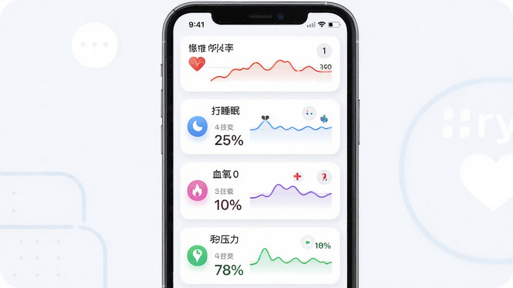 一张HryFine应用的健康数据仪表盘截图风格插图,主体为手机屏幕显示心率、睡眠、血氧和压力四项指标卡片,布局为纵向排列,排版整洁,风格为清新科技风,细节包括彩色数据曲线和百分比数字,画质高清,干净无杂乱元素