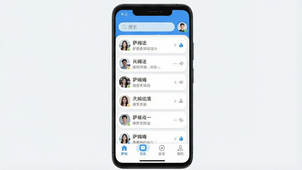 一张展示萨姆社交聊天软件核心全貌的手机界面预览图,主体是一部竖屏安卓手机,屏幕中显示萨姆应用的主聊天列表页面,布局采用上下结构,顶部为搜索栏与用户头像,中部为好友会话卡片,底部为导航栏,排版清晰简约,风格为现代扁平化UI,细节包括圆角图标、柔和阴影、浅色背景与蓝色主色调,画质高清干净,无多余元素,画面中文字包含“萨姆”“消息”“发现”“我的”
