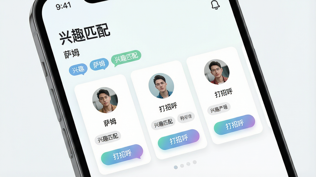 一张展示萨姆兴趣匹配功能的手机应用界面图,主体为手机屏幕,布局采用卡片流形式,排版为顶部标题“兴趣匹配”与下方三张用户推荐卡片,风格清新浅色,细节包括兴趣标签气泡、头像圆形裁剪、渐变按钮,画质高清干净,无多余元素,画面中文字包含“萨姆”“兴趣匹配”“打招呼”