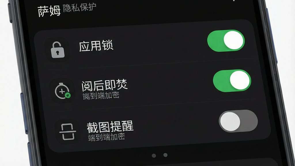 一张展示萨姆隐私保护功能的手机界面图,主体为手机屏幕,布局为设置页面列表,排版包含“应用锁”“阅后即焚”“截图提醒”三个开关项,风格为深色模式,细节包括锁形图标、绿色开启状态、灰色关闭状态,画质高清干净,无多余元素,画面中文字包含“萨姆”“隐私保护”“端到端加密”