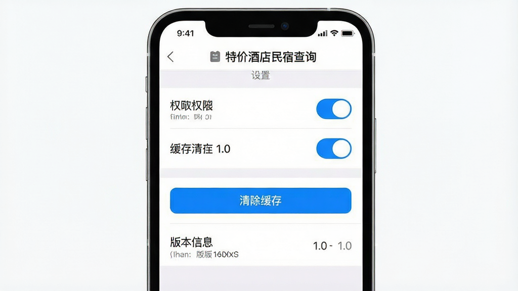 一张AI生成的图片,主体是一个手机屏幕显示“特价酒店民宿查询”的应用设置界面,界面中有权限开关、缓存清理按钮和版本信息。布局为手机居中,设置项列表清晰。排版简洁明了。风格为扁平化UI设计,色调以白色背景、蓝色开关和灰色文字为主。细节包括“清除缓存”按钮高亮,版本号“1.0”可见。画质高清,干净,无多余元素