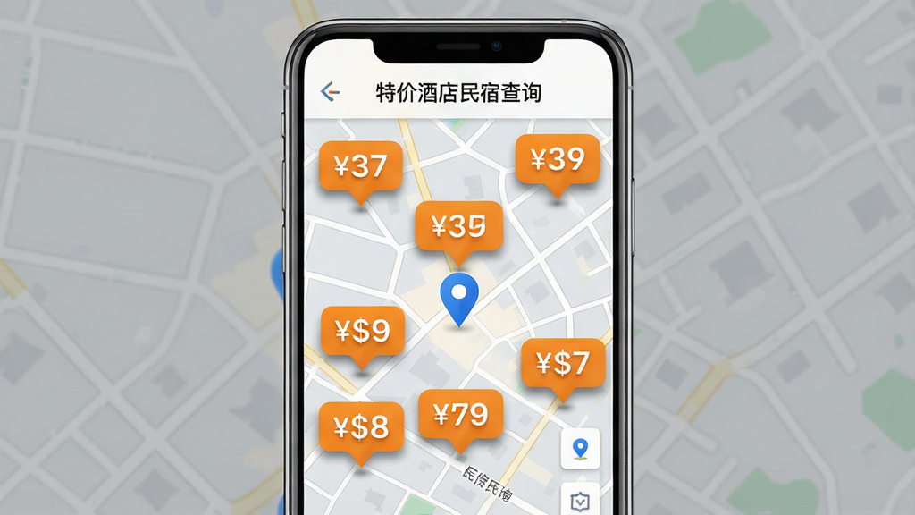 一张AI生成的图片,主体是一个手机屏幕显示“特价酒店民宿查询”的地图模式,地图上有多个价格气泡标记,每个气泡显示价格数字。布局为手机居中,地图占满屏幕,气泡均匀分布。排版突出地图和气泡。风格为现代地图UI风格,色调以浅灰地图底色、蓝色定位点和橙色价格气泡为主。细节包括街道线条清晰,气泡有阴影。画质高清,干净,无多余元素