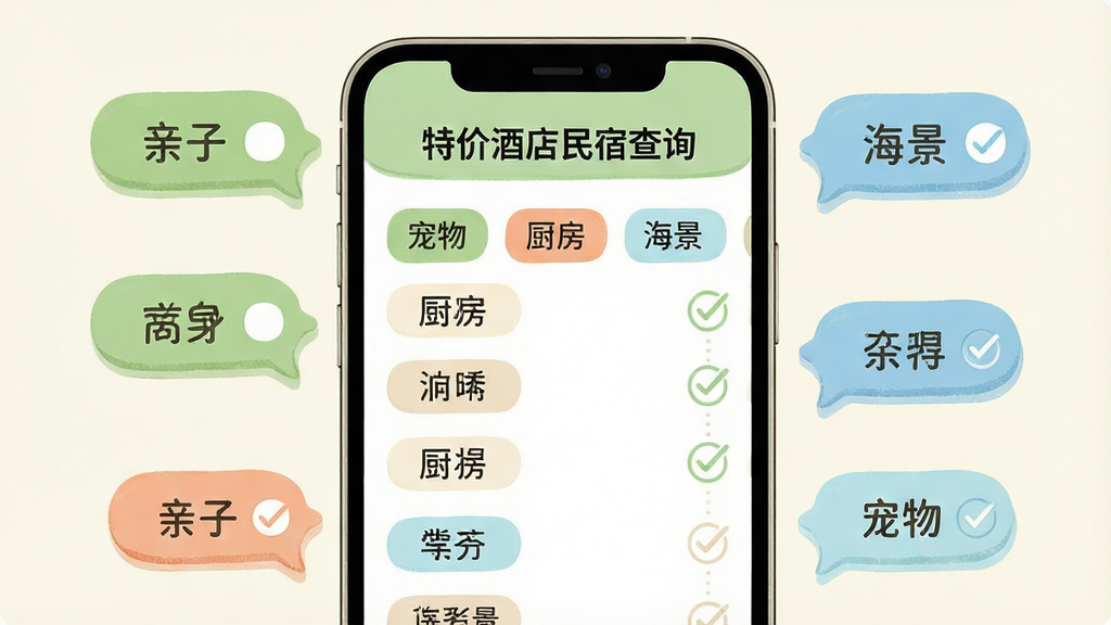 一张AI生成的图片,主体是一个手机屏幕展示“特价酒店民宿查询”的民宿筛选界面,屏幕上有多个彩色标签如“亲子”“宠物”“厨房”“海景”。布局为手机居中,标签以气泡形式分布在屏幕周围。排版清晰展示筛选过程。风格为清新插画风,色调以浅绿、米白和淡蓝为主。细节包括标签文字清晰,有勾选状态。画质高清,干净,无多余元素