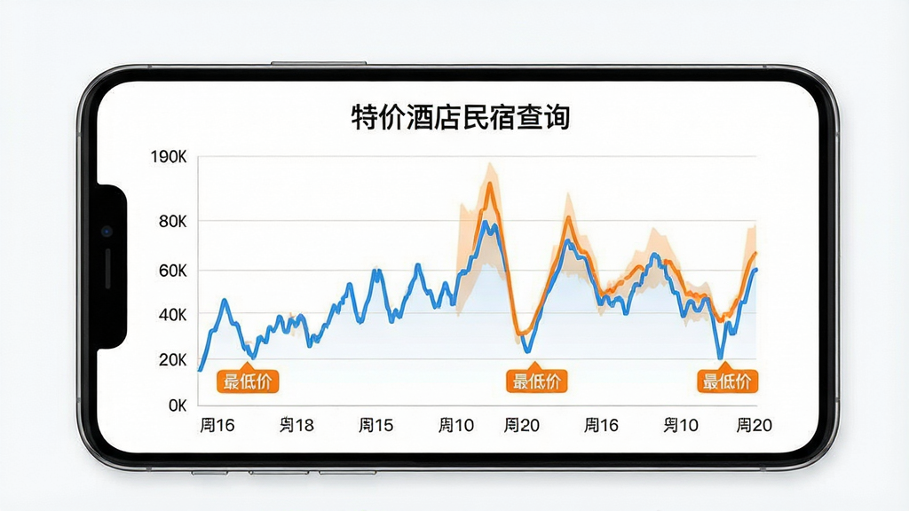 一张AI生成的图片,主体是一个手机屏幕显示“特价酒店民宿查询”的价格趋势图表,折线图展示价格波动,下方有日期轴。布局为手机居中,图表占据屏幕主要区域。排版简洁,图表清晰。风格为数据可视化风格,色调以白色背景、蓝色折线和橙色高亮为主。细节包括坐标轴标签清晰,有最低价标注。画质高清,干净,无多余元素