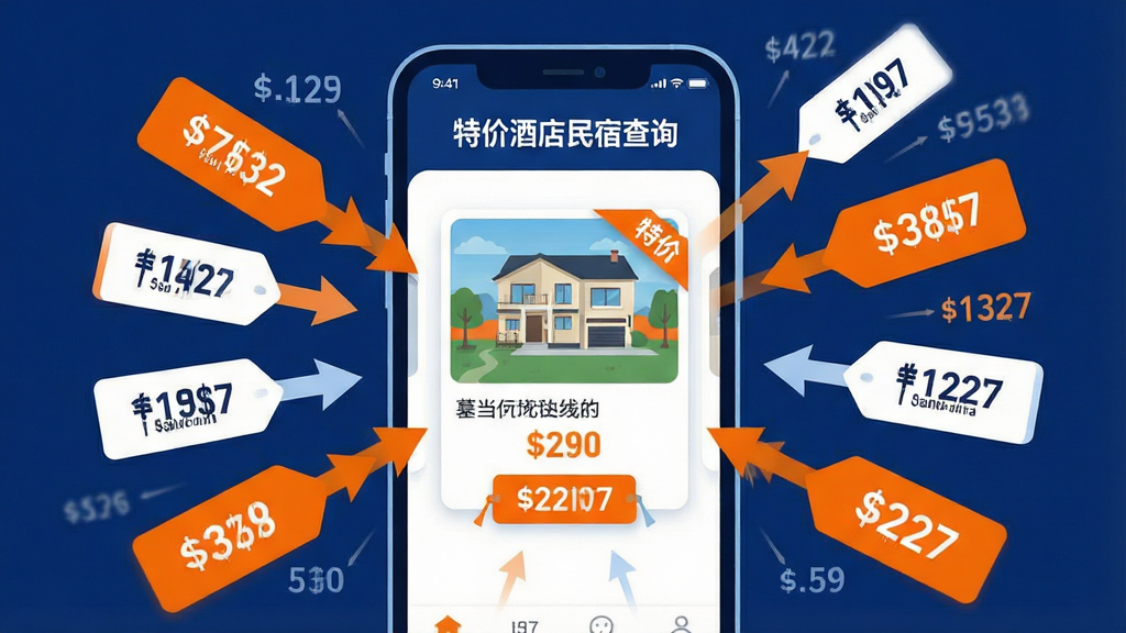 一张AI生成的图片,主体是一个智能手机,屏幕上显示“特价酒店民宿查询”应用的比价界面,多个价格标签从不同方向汇聚到一个中心房源卡片上。布局为手机居中,周围有箭头和价格数字飘浮。排版突出中心卡片和最低价标签。风格为科技感扁平插画,色调以深蓝、亮橙和白色为主。细节包括价格数字清晰,有“特价”字样标签。画质高清,干净,无多余元素