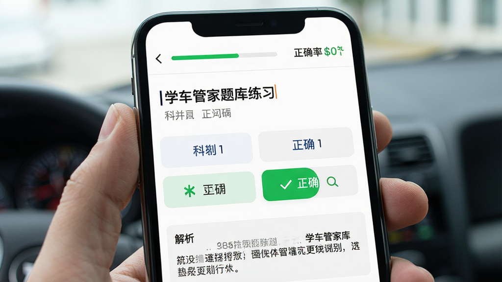 学车管家题库练习界面,手机屏幕显示一道科目一选择题,题目下方有四个选项按钮,其中一个选项被标记为绿色正确,下方有解析文字区域,屏幕顶部显示进度条和正确率统计,整体风格清新简约,背景白色,文字清晰,画质干净,无多余元素