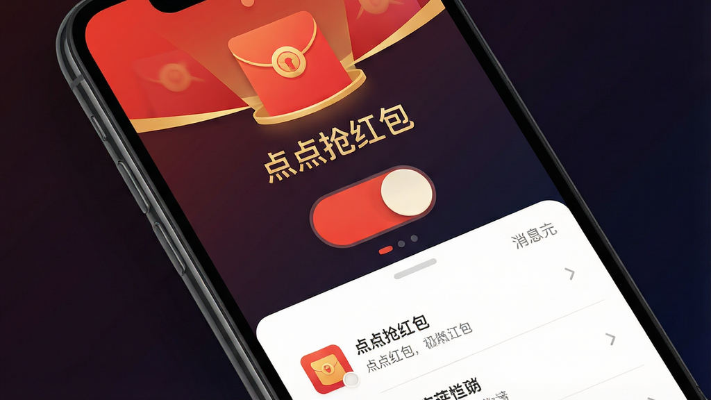 一张展示智能手机屏幕特写的图片,屏幕中央显示“点点抢红包”应用主界面,界面采用红色与金色配色,顶部有红包图标,中间有开关按钮和消息列表,背景为深色渐变,布局简洁清晰,风格为现代扁平化UI设计,细节包括按钮高光、图标阴影、文字清晰,画质高清,干净,无多余元素