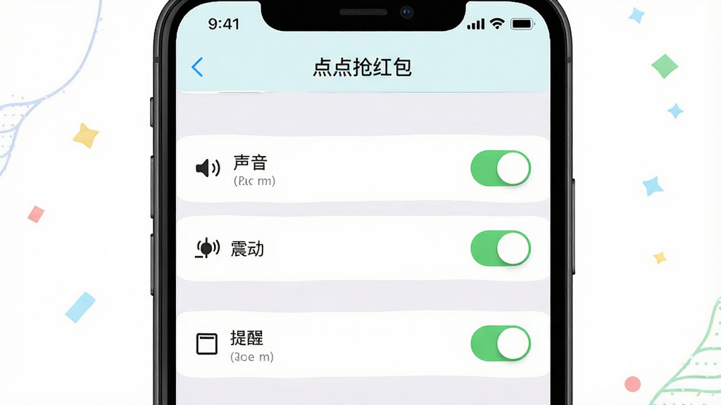 一张展示手机设置界面中提醒方式选项的图片,画面主体为“点点抢红包”设置页面,布局为列表式排版,风格为清新浅色UI,细节包括声音、震动、弹窗开关按钮,画质高清,干净,无多余元素