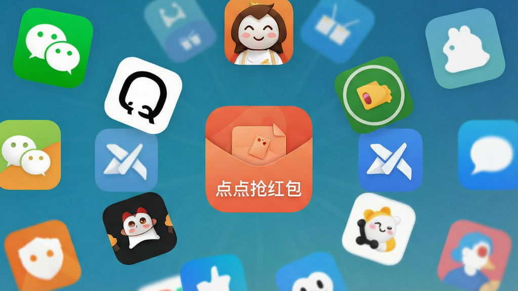 一张展示多款社交应用图标环绕在“点点抢红包”图标周围的图片,画面主体为手机屏幕上的应用网格,布局为居中放射状,风格为简洁扁平化,细节包括微信、QQ等图标清晰可辨,画质高清,干净,无多余元素