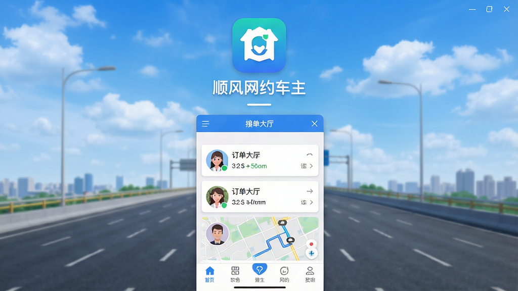 软件主界面截图,画面中央展示“顺风网约车主”应用图标与名称,背景为城市道路与蓝天白云,主体布局清晰,上方为软件Logo,中部为接单大厅列表,底部为导航菜单栏,风格简洁明亮,细节包含订单卡片、车主头像、路线地图等元素,画质高清,干净,无多余元素