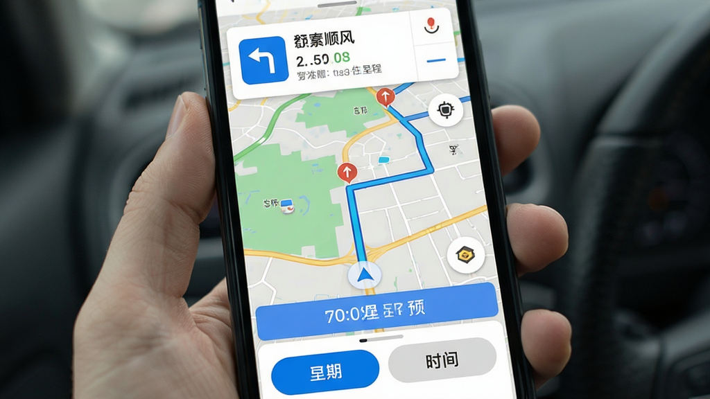 画面展示手机屏幕内顺风网约车主导航界面,主体为地图与路线指引,布局为上方路线信息、中部地图、下方操作按钮,风格简约现代,细节包含转向箭头、剩余里程、预计时间,画质高清,干净,无多余元素