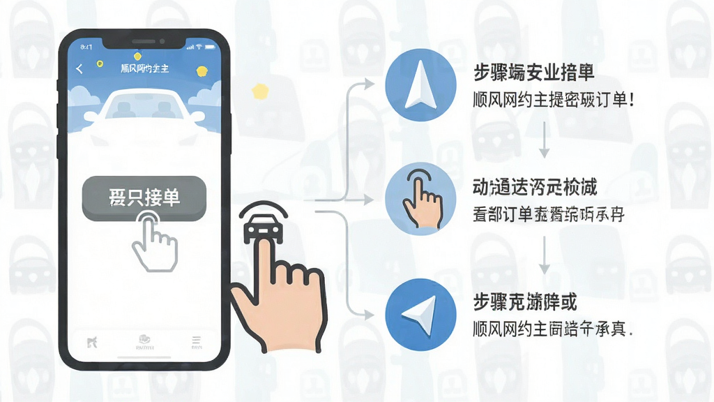 画面展示顺风网约车主手机端操作指引图,主体为手机屏幕与手势图标,布局为左侧手机、右侧步骤说明,风格扁平化教程风,细节包含点击接单按钮、滑动查看订单、导航箭头,画质清晰,干净,无多余元素