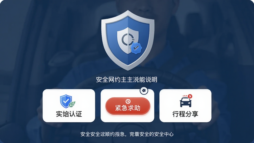 画面展示顺风网约车主安全中心页面,主体为盾牌图标与安全功能列表,布局为上方盾牌、中部功能入口、底部说明文字,风格稳重安全,细节包含实名认证标识、紧急求助按钮、行程分享图标,画质清晰,干净,无多余元素