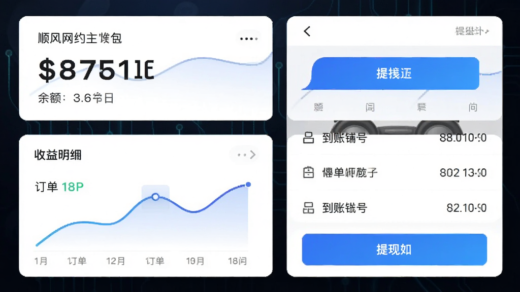 画面展示顺风网约车主收益钱包界面,主体为余额数字与提现按钮,布局为上方余额卡片、中部收益明细列表、底部提现入口,风格金融科技感,细节包含收入曲线图、订单编号、到账时间,画质高清,干净,无多余元素