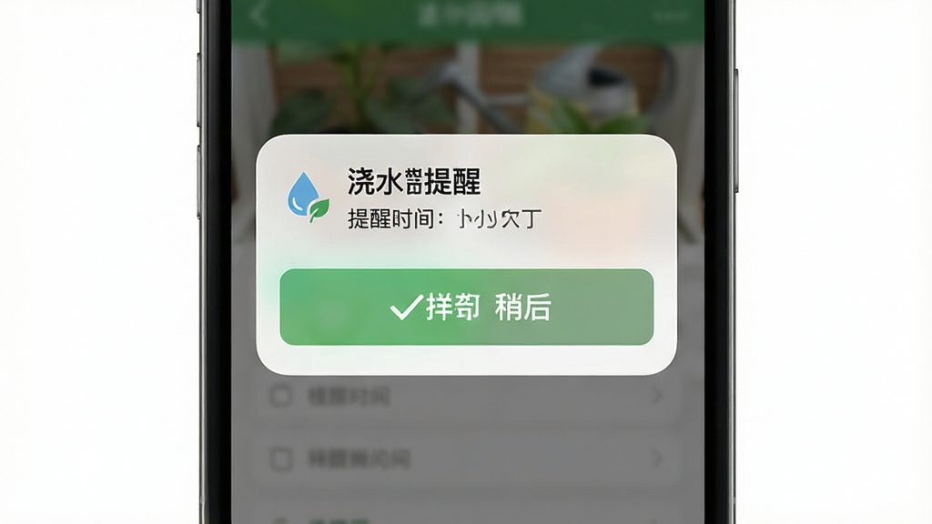 一张展示小小园丁提醒功能的手机界面图,主体为浇水提醒通知弹窗,布局为居中显示通知卡片,排版上方为植物名称下方为提醒时间和操作按钮,风格为简洁实用工具风,细节包括水滴图标、绿色确认按钮、灰色稍后提醒按钮,画质清晰干净无多余元素