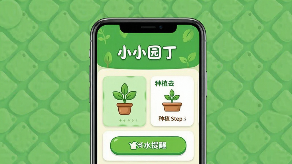 一张展示小小园丁软件界面的手机预览图,主体为手机屏幕中显示植物种植管理界面,布局为居中放置手机模型,排版采用上下结构上方显示软件名称下方展示功能模块,风格为清新卡通教育类,细节包括绿色植物图标、种植步骤卡片、浇水提醒按钮,画质清晰干净无多余元素