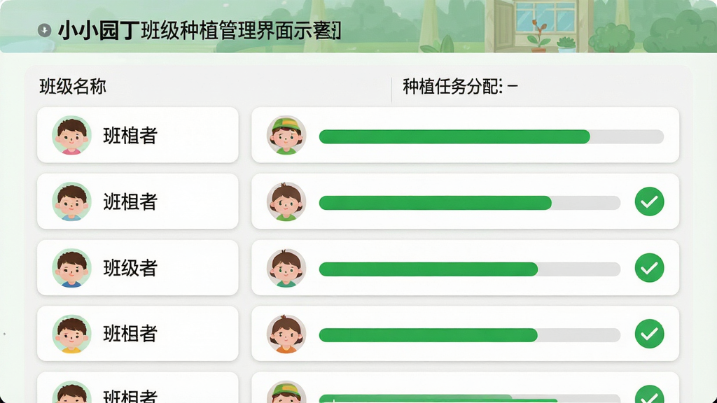 一张展示小小园丁班级种植管理界面的示意图,主体为教师端班级列表和种植任务分配页面,布局为左侧班级名称右侧任务进度条,排版采用卡片式列表结构,风格为简洁教育管理风,细节包括小朋友头像图标、绿色进度条、任务完成勾选标记,画质清晰干净无多余元素