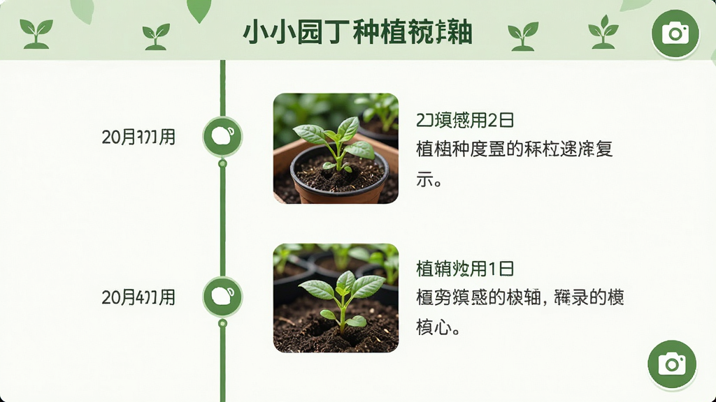 一张展示小小园丁种植记录功能的界面截图,主体为植物生长时间轴,布局为纵向排列的时间节点,排版左侧显示日期右侧显示生长照片和文字记录,风格为清新自然教育风,细节包括绿色时间轴线条、植物小图标、相机按钮,画质清晰干净无多余元素