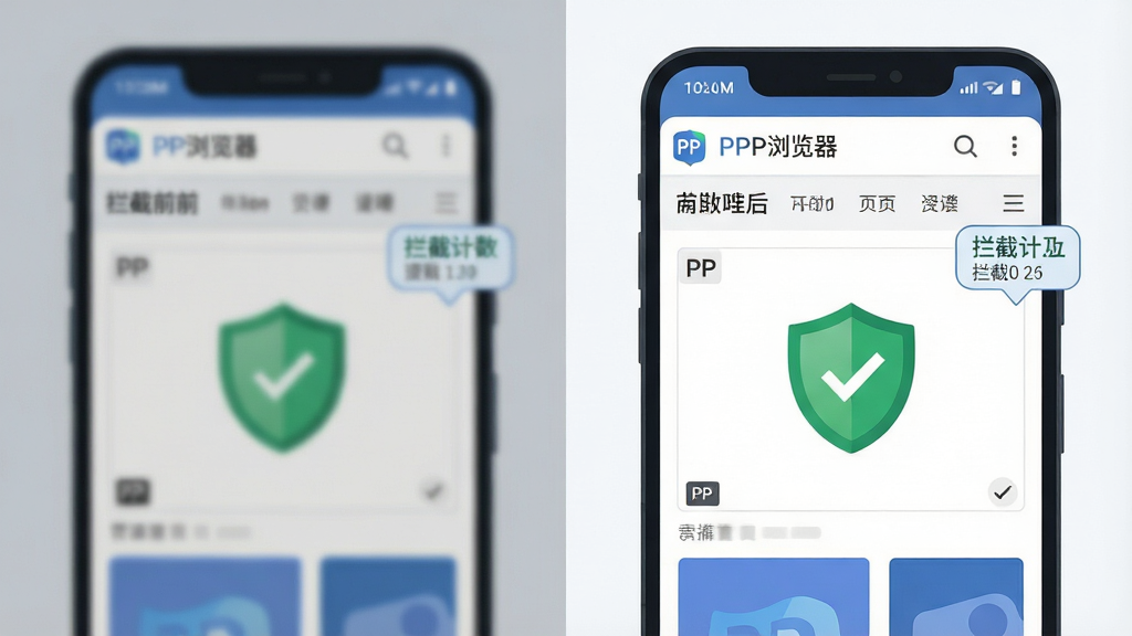 一部安卓手机屏幕特写,屏幕中PP浏览器正在加载新闻网页,页面上原本的广告位显示为空白并被绿色盾牌图标覆盖,画面主体为手机与盾牌标识,布局采用左右对比排版,左侧为拦截前模糊效果,右侧为拦截后干净页面,风格为扁平化科技插画,细节包含“PP浏览器”文字标识、拦截计数气泡,画质清晰,画面干净,无多余元素