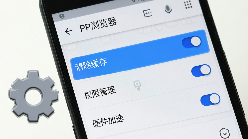 一部安卓手机屏幕显示PP浏览器设置界面,界面中高亮标注“清除缓存”“权限管理”“硬件加速”三个选项,画面主体为手机与设置齿轮图标,布局采用纵向列表排版,风格为扁平化UI展示,细节包含“PP浏览器”顶栏文字、蓝色高亮开关按钮,画质清晰,画面干净,无多余元素