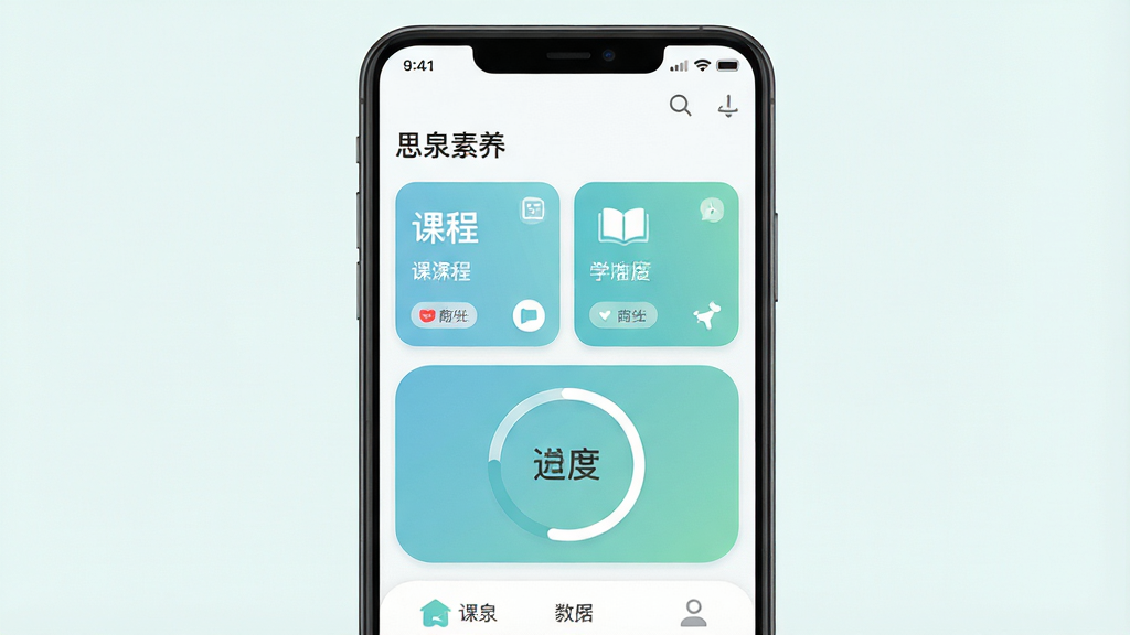 一张展示“思泉素养”软件核心界面的手机预览图,主体为一部竖屏安卓手机,屏幕内显示软件首页包含课程卡片与学习进度环,布局为居中构图,排版为手机界面加浅色背景,风格为清新简约的教育类APP视觉,细节包括柔和的蓝绿色调、圆角卡片、清晰的功能图标,画质高清,画面干净,无多余元素