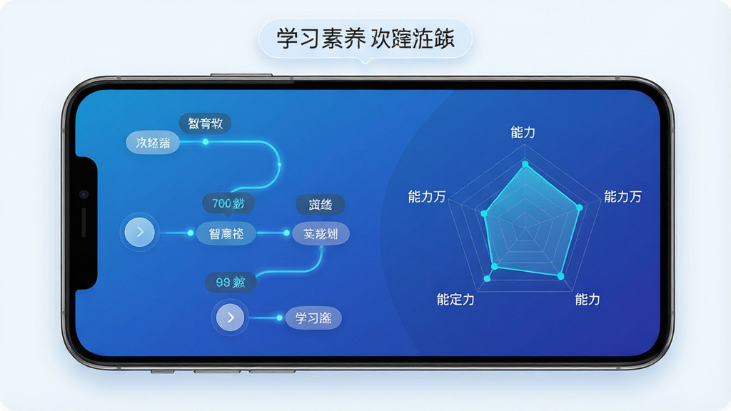 一张展示“思泉素养”软件中智能学习路径规划功能的界面图,主体为手机屏幕显示学习路径图谱与能力雷达图,布局为左侧路径节点、右侧雷达图,排版为上下结构加功能标注,风格为科技感教育应用界面,细节包括蓝色渐变背景、发光的路径连线、清晰的数据标签,画质高清,画面干净,无多余元素