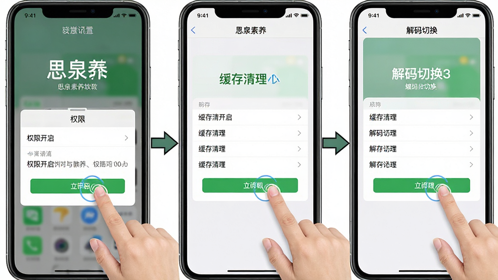 一张展示“思泉素养”软件在手机上安装与设置界面的操作示意图,主体为手机屏幕分别显示权限开启、缓存清理、解码切换三个操作界面,布局为三屏并排,排版为横向排列加箭头指引,风格为教程类截图风格,细节包括清晰的手指点击图标、设置选项文字、干净的白色背景,画质高清,画面干净,无多余元素