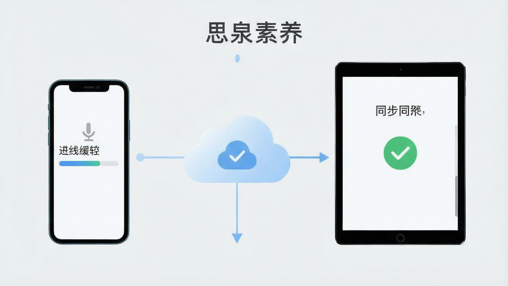 一张展示“思泉素养”软件离线缓存与多端同步功能的示意图,主体为手机与平板设备通过云图标连接,布局为左右设备加中间云同步标识,排版为横向排列,风格为扁平化科技插画,细节包括设备屏幕显示下载进度条与同步对勾、柔和的云朵造型、干净的浅灰背景,画质高清,画面干净,无多余元素