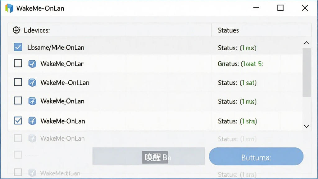 一张展示WakeMeOnLan批量唤醒功能的示意图,主体是软件界面,布局为多选设备列表和唤醒按钮,排版清晰,风格为高效办公风,细节包括勾选框、设备名称和状态提示,画质清晰,干净,无多余元素