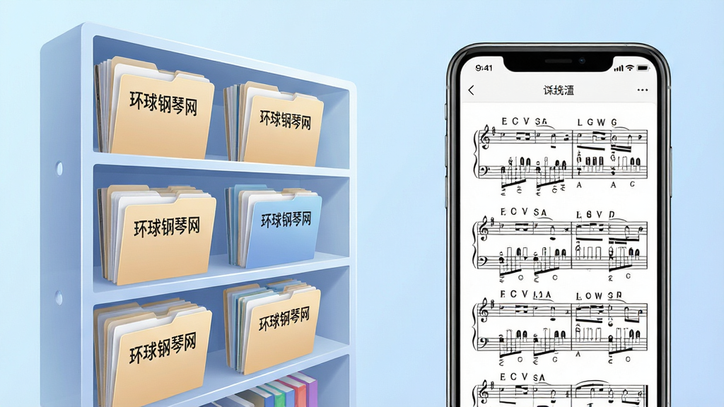 一幅数字音乐图书馆场景插画,画面左侧是一排排整齐的虚拟书架,书架上摆放着标注“环球钢琴网”的曲谱文件夹,右侧是一部手机屏幕展示曲谱详情页面,屏幕中曲谱带有指法标注,背景为淡蓝色渐变,主体突出,布局左右对称,风格清新现代,细节精致,画质清晰,干净,无多余元素。