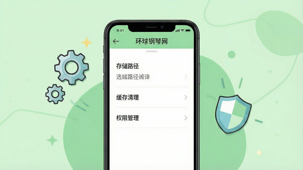 一幅手机应用设置界面插画,画面中央是一部智能手机,屏幕显示“环球钢琴网”的设置页面,页面上有存储路径选择、缓存清理、权限管理等选项,手机旁边漂浮着齿轮和盾牌图标,背景为浅绿色调,主体突出,布局居中,风格清新简洁,细节清晰,画质干净,无多余元素。