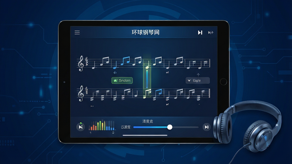 一幅智能曲谱跟弹场景插画,画面中央是一部平板设备,屏幕显示“环球钢琴网”曲谱播放界面,曲谱上高亮显示当前音符位置,屏幕下方有节拍器和速度调节滑块,设备旁边放着一副耳机,背景为深蓝色科技感色调,主体突出,布局居中,风格现代科技,细节精致,画质清晰,干净,无多余元素。