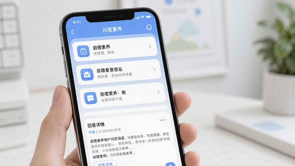 启德素养用户问答场景展示,主体为一部打开启德素养APP的手机,屏幕显示问答界面,布局为上下结构,上方是问题列表,下方是回答详情,排版清晰,风格为现代教育风,细节包括柔和的蓝白配色、圆角卡片、简洁图标,画质高清,画面干净,无多余元素