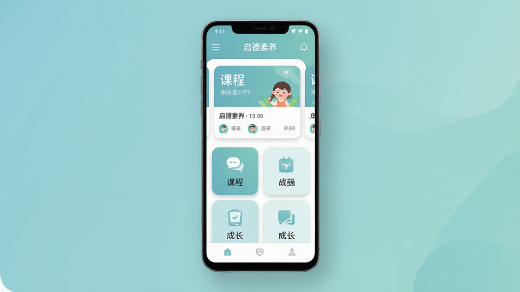 启德素养软件主界面展示,主体为一部安卓手机悬浮在画面中央,手机屏幕显示启德素养APP首页,包含课程卡片和成长记录模块,布局为上下结构,上方是顶部导航栏,下方是功能入口网格,排版整齐清晰,风格为现代简约教育风,细节包括柔和的蓝绿色调、圆角图标、微阴影层次,画质高清,画面干净,无多余元素