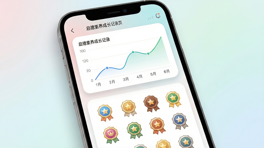 启德素养成长记录页面展示,主体为手机屏幕特写,屏幕内显示成长曲线图和成就徽章墙,布局为上下滚动式,上方是数据图表,下方是徽章网格,排版疏朗有致,风格为清新教育风,细节包括柔和的渐变背景、圆润的卡片边角、细腻的阴影,画质高清,画面干净,无多余元素