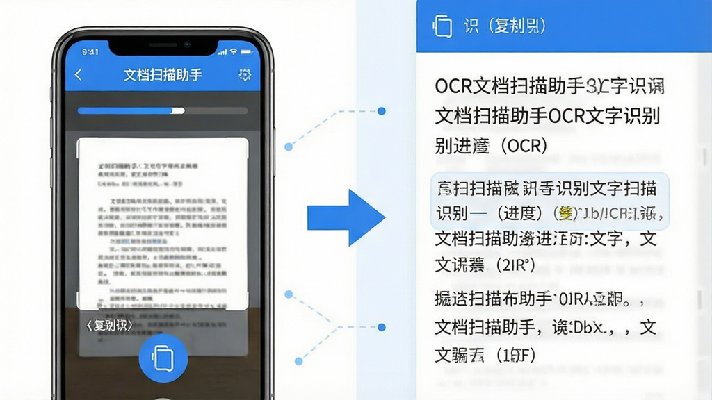 一张展示文档扫描助手OCR文字识别功能的示意图,画面左侧是一部手机显示扫描后的文档图片,右侧是识别出的可编辑文字列表,中间有箭头连接表示转换过程,布局为左右对比式,风格为扁平化信息图风,细节包括手机屏幕上的