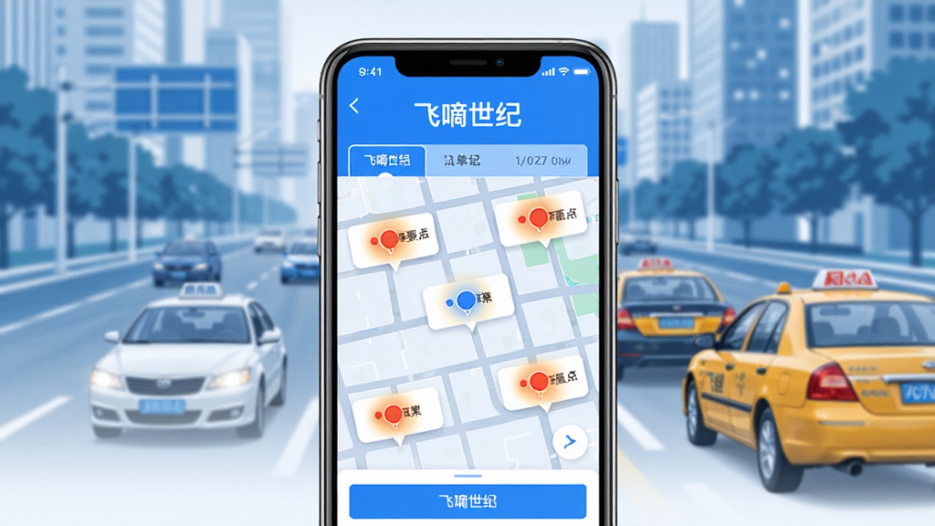 飞嘀世纪软件主界面展示,画面中央放置一部智能手机,屏幕显示飞嘀世纪司机端接单页面,地图上分布着多个订单热点标记,顶部有“飞嘀世纪”文字标识,背景是城市道路与出租车元素,整体采用蓝白配色风格,布局简洁清晰,画面干净无多余元素,高清画质,适合软件下载站展示