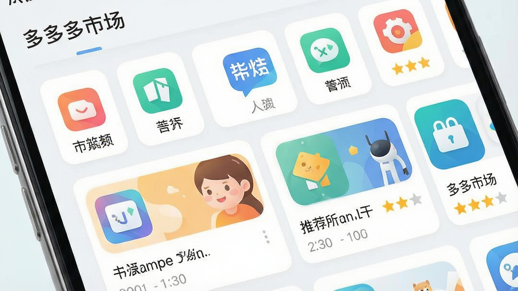 一张展示应用分类页面的示意图,主体是一部手机屏幕特写,屏幕内呈现多个应用分类标签横排排列,下方是图文混排的应用推荐列表,布局为上下结构,排版疏朗,风格为清新浅色系UI设计,细节包括彩色分类图标、卡片式应用条目、星级评分标识,画质干净细腻,无多余元素,画面中带