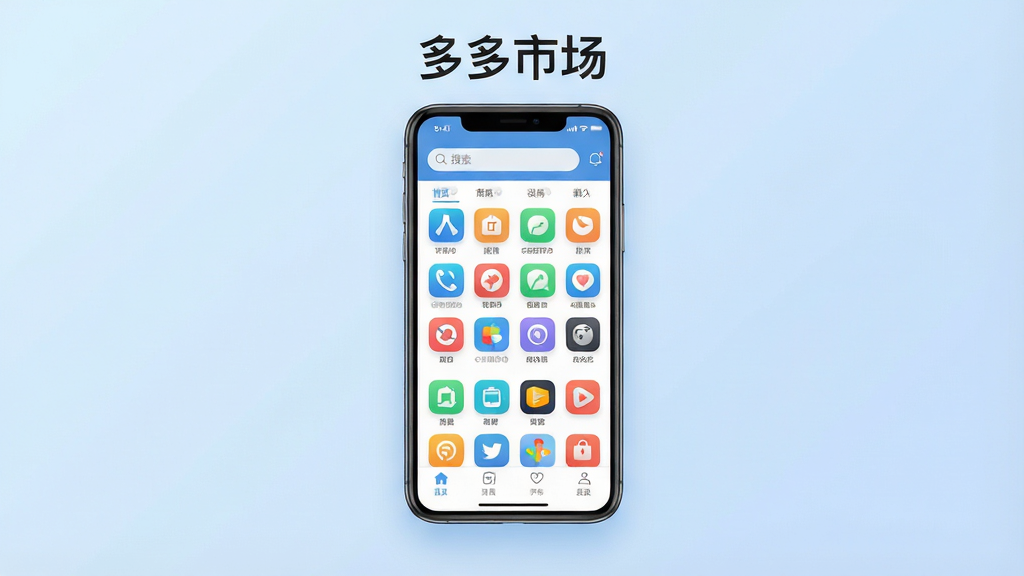 一张横向构图的软件商店首页界面示意图,主体是一个悬浮在浅蓝色渐变背景中央的智能手机屏幕,屏幕内展示应用商店首页布局,顶部是搜索框,下方是宫格排列的彩色应用图标,布局整齐对称,排版居中,风格为现代扁平化UI设计,细节包括圆角图标、柔和阴影、简洁导航栏,画质清晰锐利,画面干净,无多余元素,屏幕上方悬浮