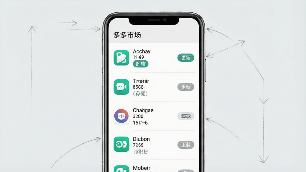 一张展示应用管理界面的示意图,主体是手机屏幕内的已安装应用列表,布局为纵向列表结构,排版整齐,风格为极简浅灰UI设计,细节包括应用图标、更新按钮、卸载选项、存储占用数值,画质清晰,画面干净,无多余元素,顶部带