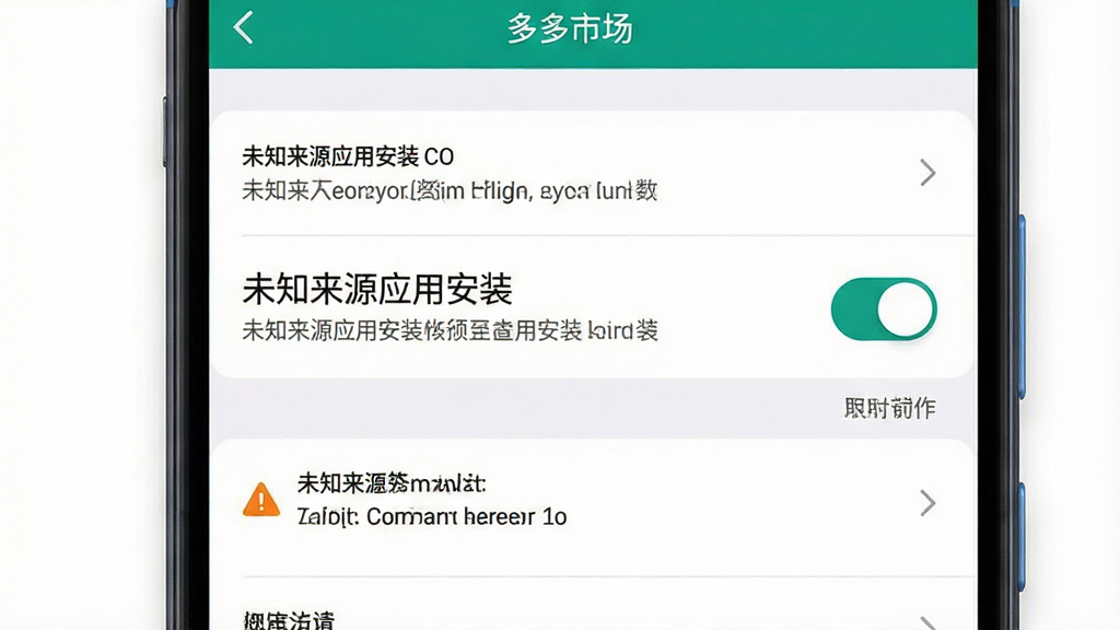 一张展示手机安全设置界面的示意图,主体是手机屏幕内“未知来源应用安装”权限开关页面,布局为纵向设置列表,排版清晰,风格为系统设置类UI设计,细节包括开关按钮、权限说明文字、安全警告图标,画质干净,画面简洁,无多余元素,页面顶部带