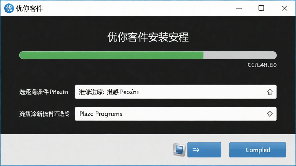 一张优你客软件安装过程的截图风格图片,画面展示安装进度条即将完成的状态,界面简洁,以浅色背景为主,突出安装路径选择和完成按钮,整体风格干净利落,画质清晰无杂物