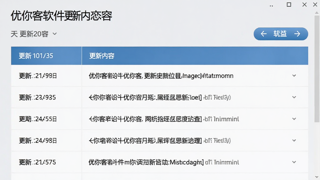 一张优你客软件更新日志界面示意图,画面展示版本更新列表,包含更新日期和更新内容条目,界面风格简洁商务,以浅灰色和蓝色为主色调,文字排版整齐,画质清晰,适合下载站配图使用