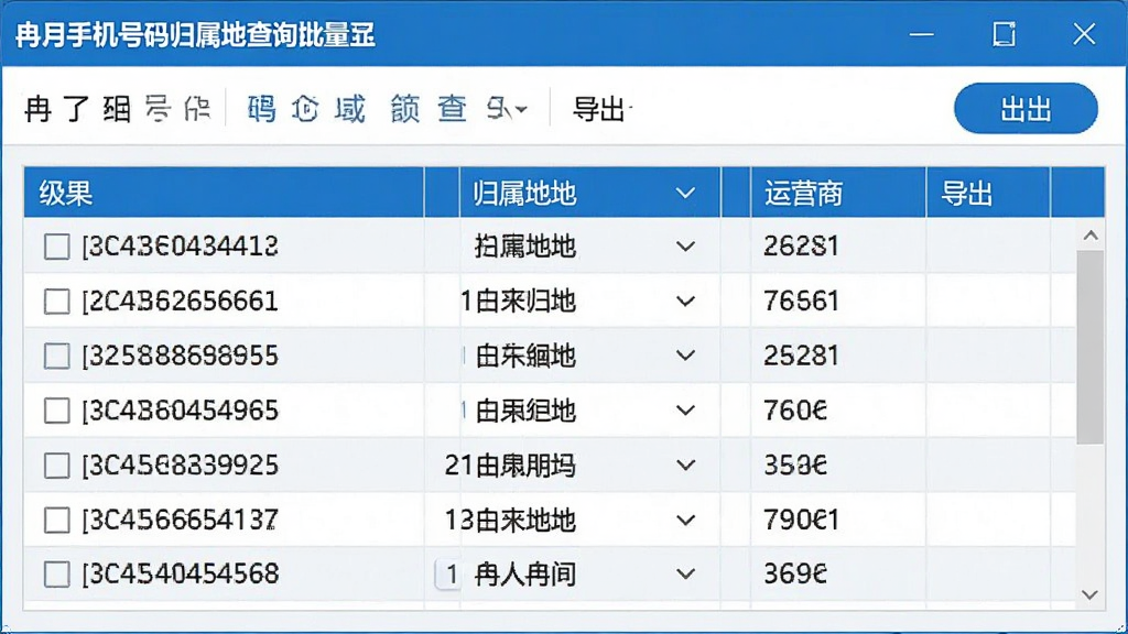 一张展示冉月手机号码归属地查询工具批量查询功能的界面示意图,主体为软件窗口与号码列表,布局为上方工具栏下方结果表格,排版规整,风格为清爽商务蓝白配色,细节包含多个手机号码、归属地列、运营商列、导出按钮,画质清晰,干净,无多余元素