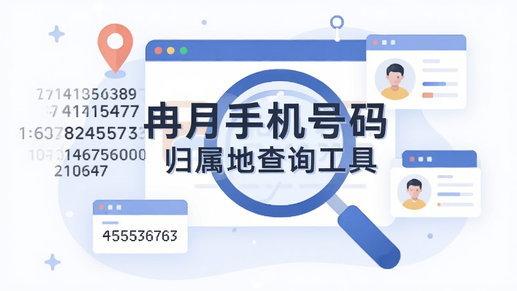 一张以数据查询为主题的插画风格图片,主体为冉月手机号码归属地查询工具的名称文字与一个放大镜图标,布局为居中构图,排版简洁,风格为现代科技感扁平插画,细节包含手机号码数字流、定位图标、数据卡片,画质清晰,干净,无多余元素