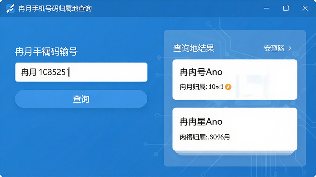 一张简洁现代的软件界面截图风格图片,主体为冉月手机号码归属地查询工具的主界面,布局为左侧输入框与右侧查询结果面板,排版清晰整齐,风格为扁平化科技蓝配色,细节包含手机号码输入框、查询按钮、归属地信息展示卡片,画质清晰,干净,无多余元素