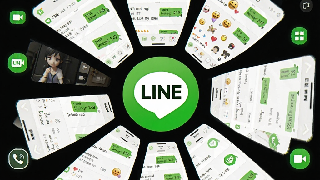 一张展示连我LINE软件主界面的全景图,画面中央是连我LINE的绿色圆形Logo,周围环绕着聊天窗口、贴纸表情、视频通话图标等元素,布局采用中心辐射式构图,排版简洁明快,风格为扁平化现代科技风,细节上突出绿色与白色的品牌配色,画质清晰,干净,无多余元素